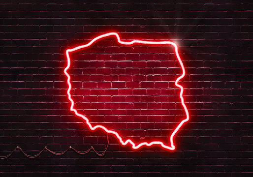Fototapeta Neon sign on a brick wall in the shape of Poland.(illustration series)