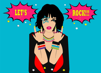 Music rock girl with hands up and text let's rock, pop art background 