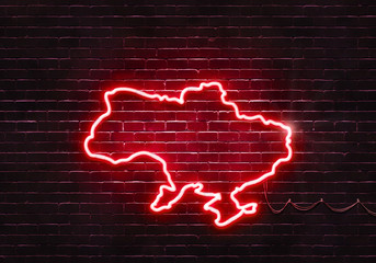 Neon sign on a brick wall in the shape of Ukraine.(illustration series)