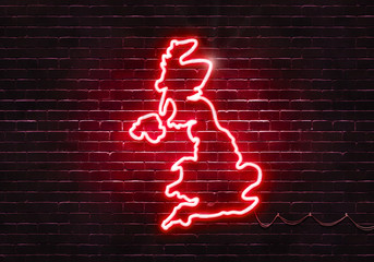 Neon sign on a brick wall in the shape of United Kingdom.(illustration series)