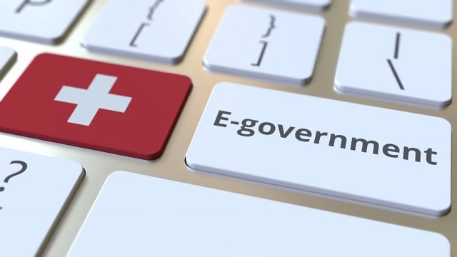 E-government or Electronic Government text and flag of Switzerland on the keyboard. Modern public services related conceptual 3D animation
