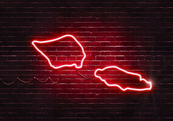 Neon sign on a brick wall in the shape of Samoa.(illustration series)