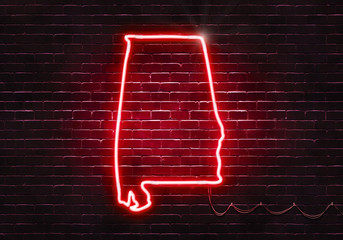 Neon sign on a brick wall in the shape of Alabama.(illustration series)