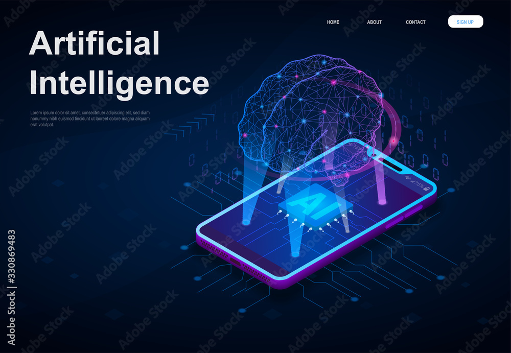 Poster artificial intelligence or ai concept with a network style brain suspended above a digitial device b