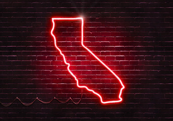 Neon sign on a brick wall in the shape of California.(illustration series)