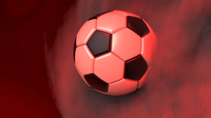White-Black Soccer ball with red dark toned foggy smoke background. 3D sketch design and illustration. 3D high quality rendering.