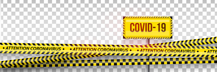 Pandemic stop. Coronavirus covid-19 2019-nCoV. Black and yellow stripes set. Warning tapes. Danger. Quarantine biohazard sign. Caution ,Warning or stop corona virus concept. Vector - obrazy, fototapety, plakaty