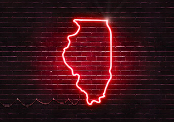 Neon sign on a brick wall in the shape of Illinois.(illustration series)