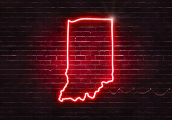 Neon sign on a brick wall in the shape of Indiana.(illustration series)