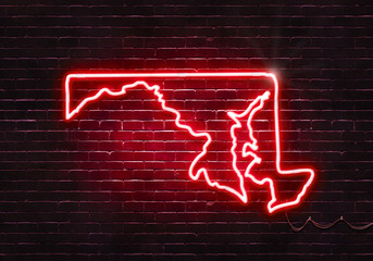 Neon sign on a brick wall in the shape of Maryland.(illustration series)