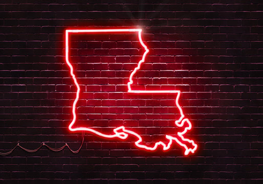 Neon sign on a brick wall in the shape of Louisiana.(illustration series)