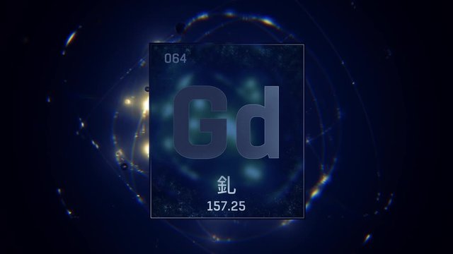 Gadolinium as Element 64 of the Periodic Table. Seamlessly looping 3D animation on blue illuminated atom design background orbiting electrons name, atomic weight element number in Chinese language
