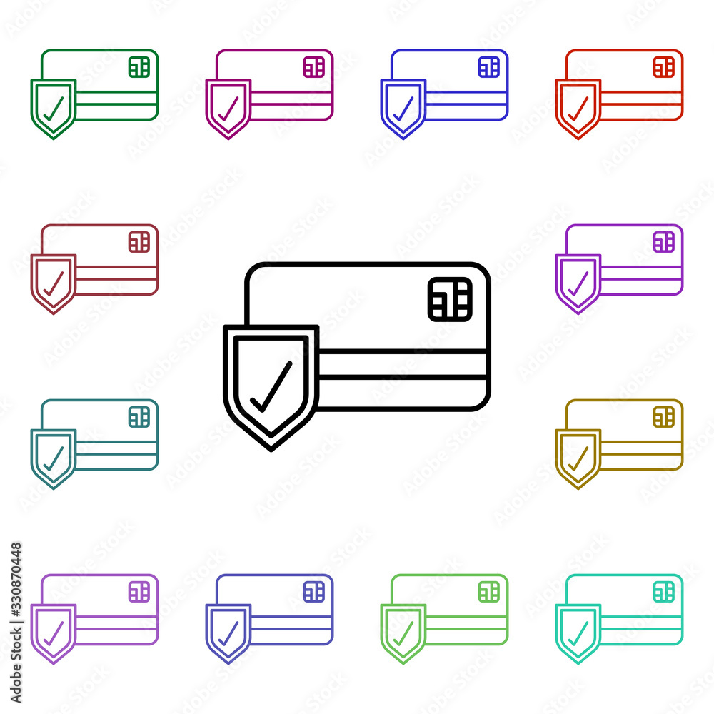 Poster bank card protection multi color style icon. simple thin line, outline vector of online shopping ico