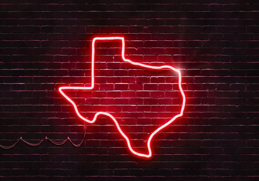 Neon sign on a brick wall in the shape of Texas.(illustration series)