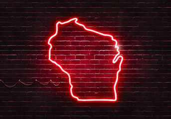 Neon sign on a brick wall in the shape of Wisconsin.(illustration series)