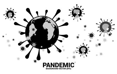 Fototapeta na wymiar World Globe in covid 19 virus shape and particle of Corona virus background. Concept for global outbreak and pandemic.