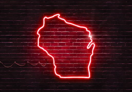 Neon sign on a brick wall in the shape of Wisconsin.(illustration series)