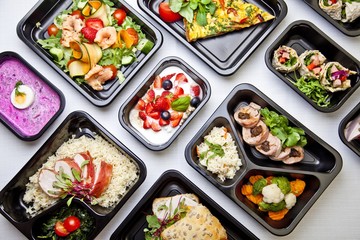 Fototapeta Zdrowa dieta pudełkowa sniadanie obiad lunch box, na dowóz, na wynos, pełnowartościowy, zbilansowany fit posiłek na cały dzień  obraz