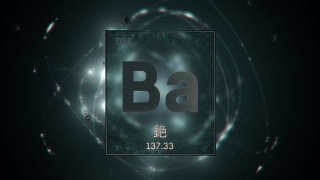 Barium as Element 56 of the Periodic Table. Seamlessly looping 3D animation on green illuminated atom design background orbiting electrons name, atomic weight element number in Chinese language