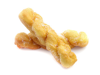 twisted bread donuts with sugar isolated on white