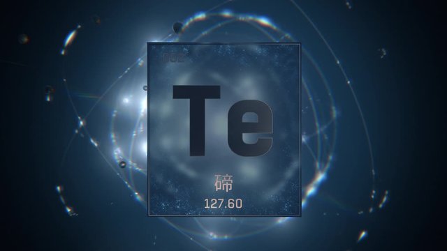Tellurium as Element 52 of the Periodic Table. Seamlessly looping 3D animation on blue illuminated atom design background orbiting electrons name, atomic weight element number in Chinese language