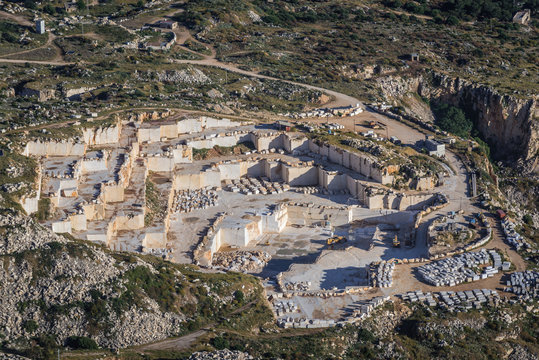 Quarry near Corino village, aerial view from the top of Mount Cofano on Sicily Island, Italy