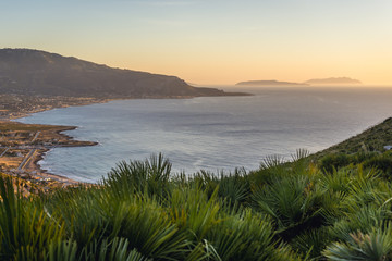 Aerial view from the slope of Mount Cofano on Sicily Island, Italy