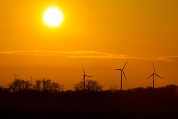 Obraz premium Sonnenuntergang mit Windrädern Windkraftanlagen