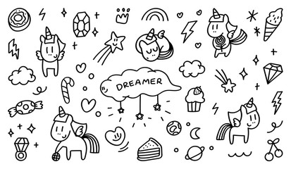 Unicorn and cute doodle vector set. Hand drawn Vector design element for kids and prints.