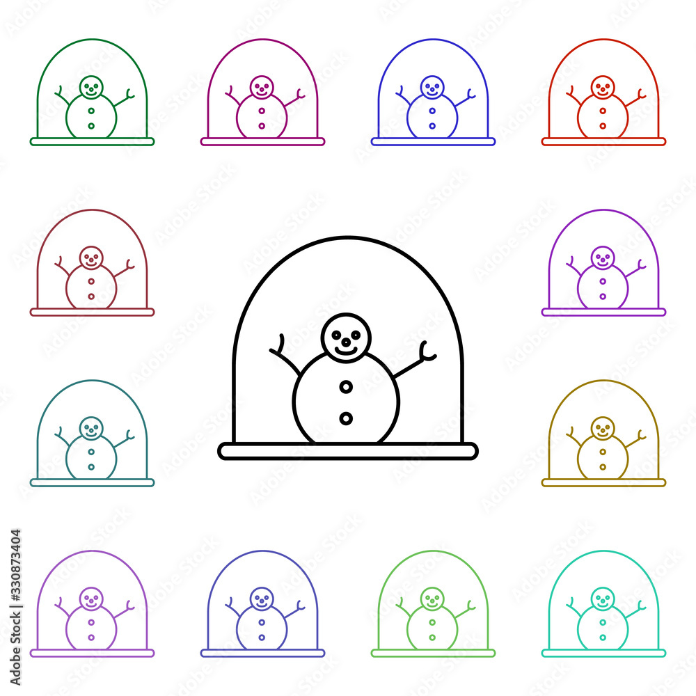 Poster snowman in a glass ball line multi color style icon. simple thin line, outline vector of toys icons 