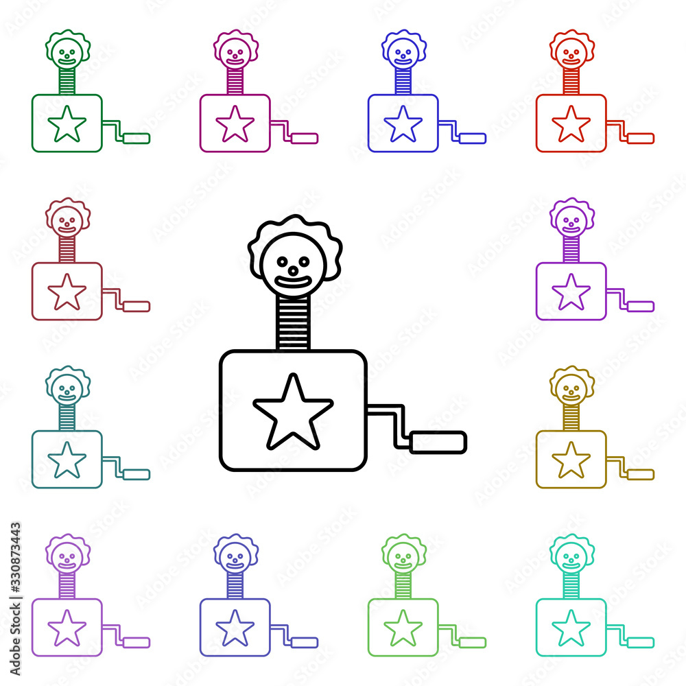 Poster clown in the box line multi color style icon. simple thin line, outline vector of toys icons for ui 