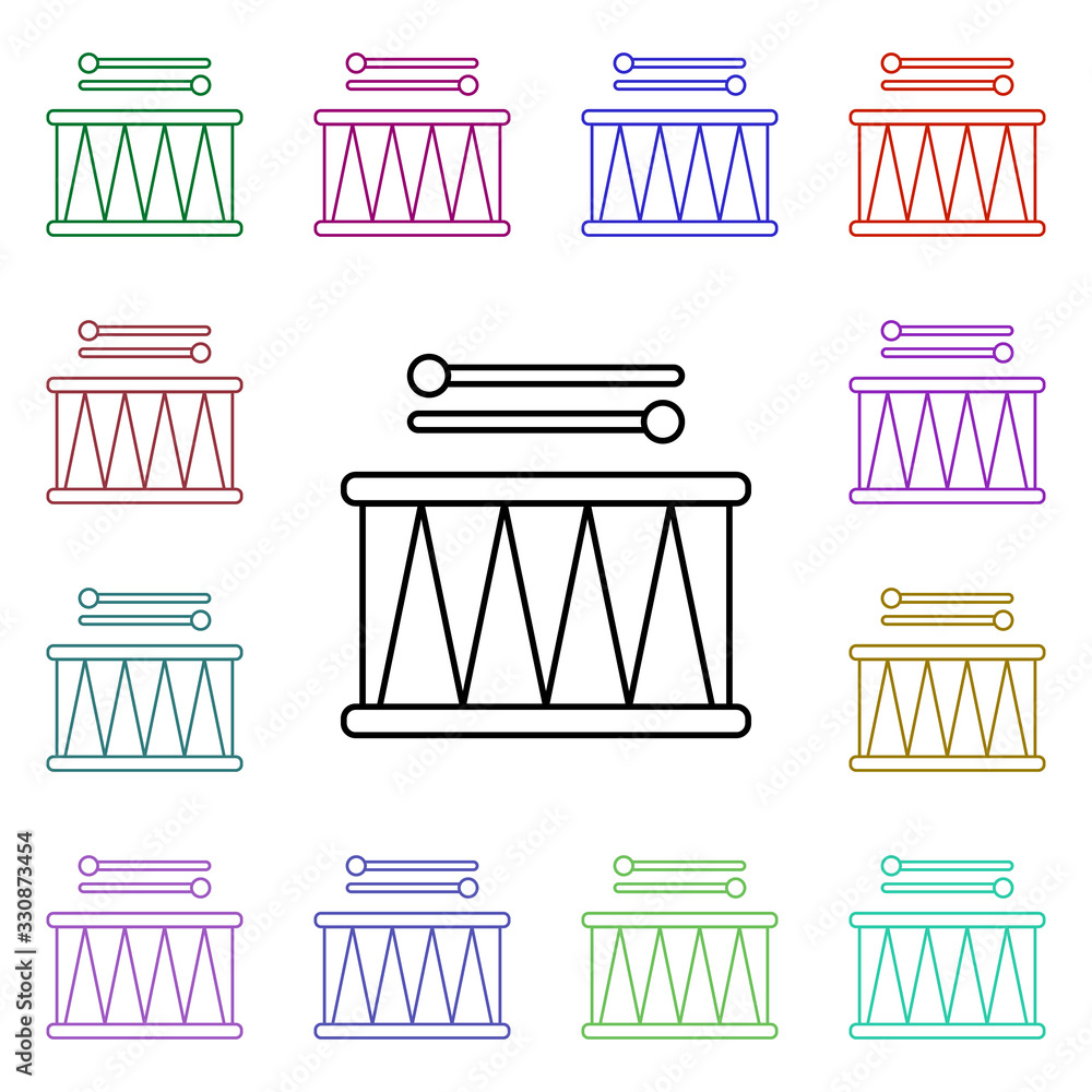 Poster drum line multi color style icon. simple thin line, outline vector of toys icons for ui and ux, webs