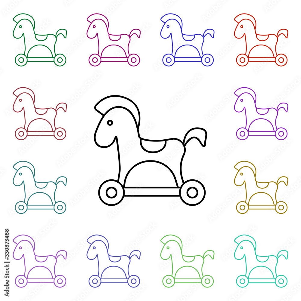 Poster horse on wheels line multi color style icon. simple thin line, outline vector of toys icons for ui a