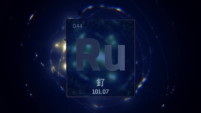 Ruthenium as Element 44 of the Periodic Table. Seamlessly looping 3D animation on blue illuminated atom design background orbiting electrons name, atomic weight element number in Chinese language