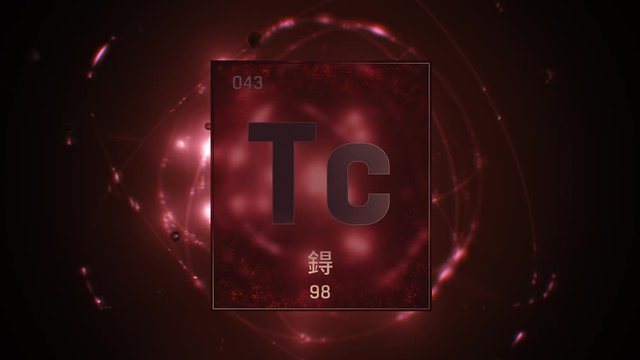 Technetium as Element 43 of the Periodic Table. Seamlessly looping 3D animation on red illuminated atom design background orbiting electrons name, atomic weight element number in Chinese language