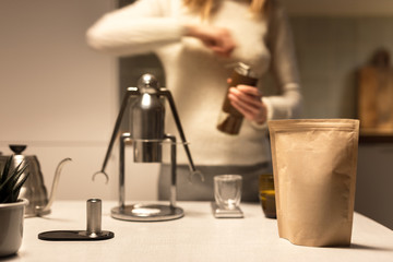 Blank coffee pack mockup. Making coffee concept.