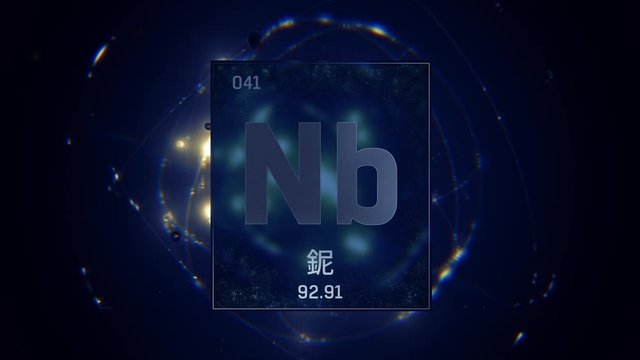 Niobium as Element 41 of the Periodic Table. Seamlessly looping 3D animation on blue illuminated atom design background orbiting electrons name, atomic weight element number in Chinese language