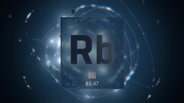 Rubidium as Element 37 of the Periodic Table. Seamlessly looping 3D animation on blue illuminated atom design background orbiting electrons name, atomic weight element number in Chinese language