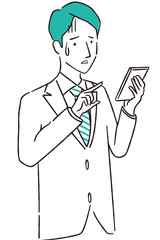 手描き1color スーツの男性　スマホ操作不安