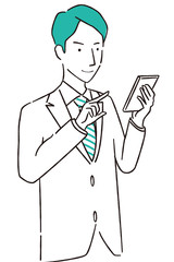 手描き1color スーツの男性　 スマホ操作　笑顔