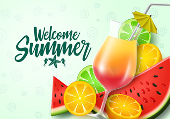 Welcome summer fruits vector banner template. Welcome summer text with tropical fruit element like water melon, orange and calamansi with fresh juice glass in green background. Vector illustration.  