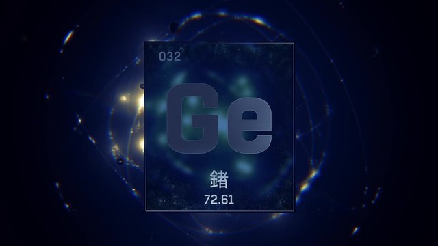 Germanium as Element 32 of the Periodic Table. Seamlessly looping 3D animation on blue illuminated atom design background orbiting electrons name, atomic weight element number in Chinese language