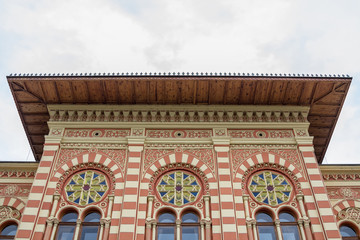 Obraz premium Facade of the main hall of the Vijecnica, the former library and city hall of Brcko, bosnia and Herzegovina, built in the 19th century, characterized by its ottoman style
