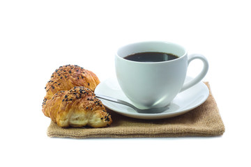Croissant and coffee  isolated on white background