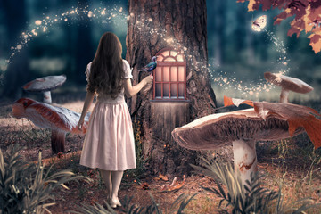 Girl in dress with bird in hand in fantasy enchanted fairy tale forest with giant mushrooms, magical shining window in pine tree hollow and flying magic butterfly leaving path with luminous sparkles © julia_arda