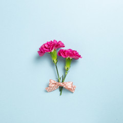 Pink spray carnation flowers with ribbon on blue background. Floral composition, flat lay, top view, copy space