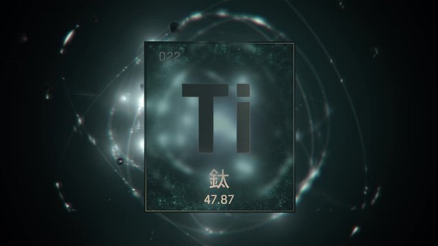 Titanium as Element 22 of the Periodic Table. Seamlessly looping 3D animation on green illuminated atom design background orbiting electrons name, atomic weight element number in Chinese language