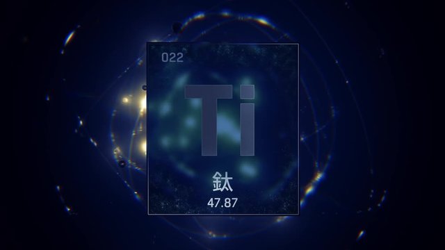 Titanium as Element 22 of the Periodic Table. Seamlessly looping 3D animation on blue illuminated atom design background orbiting electrons name, atomic weight element number in Chinese language