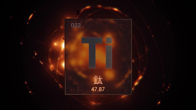 Titanium as Element 22 of the Periodic Table. Seamlessly looping 3D animation on orange illuminated atom design background orbiting electrons name, atomic weight element number in Chinese language