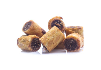 sweet dessert chocolate biscuit roll isolated on white background